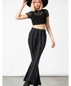 New In Killstar Inferno Room Stripe 70's Flare Trousers Grey