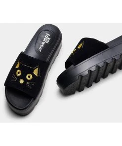 New In Koi Footwear Riku Cat Face Plateau Sliders Black Gold