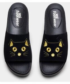 New In Koi Footwear Riku Cat Face Plateau Sliders Black Gold
