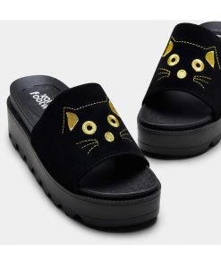 New In Koi Footwear Riku Cat Face Plateau Sliders Black Gold