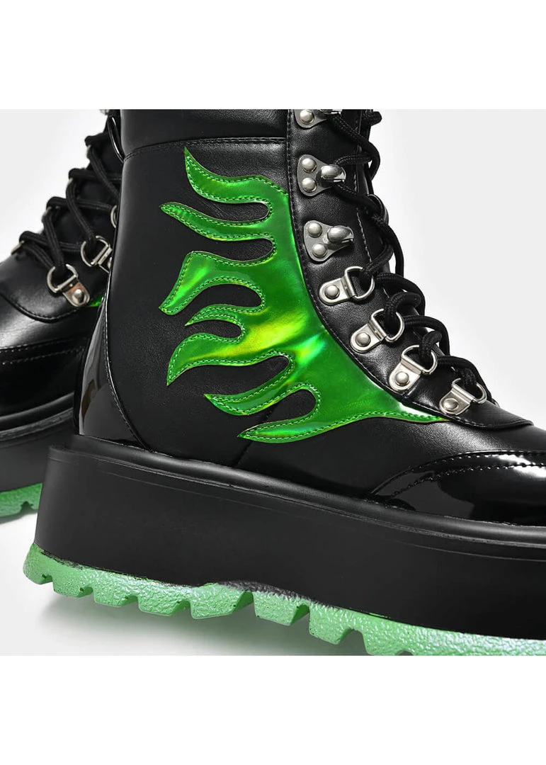 Koi Footwear Helios Hologram Flames Plateau Boots Black Green