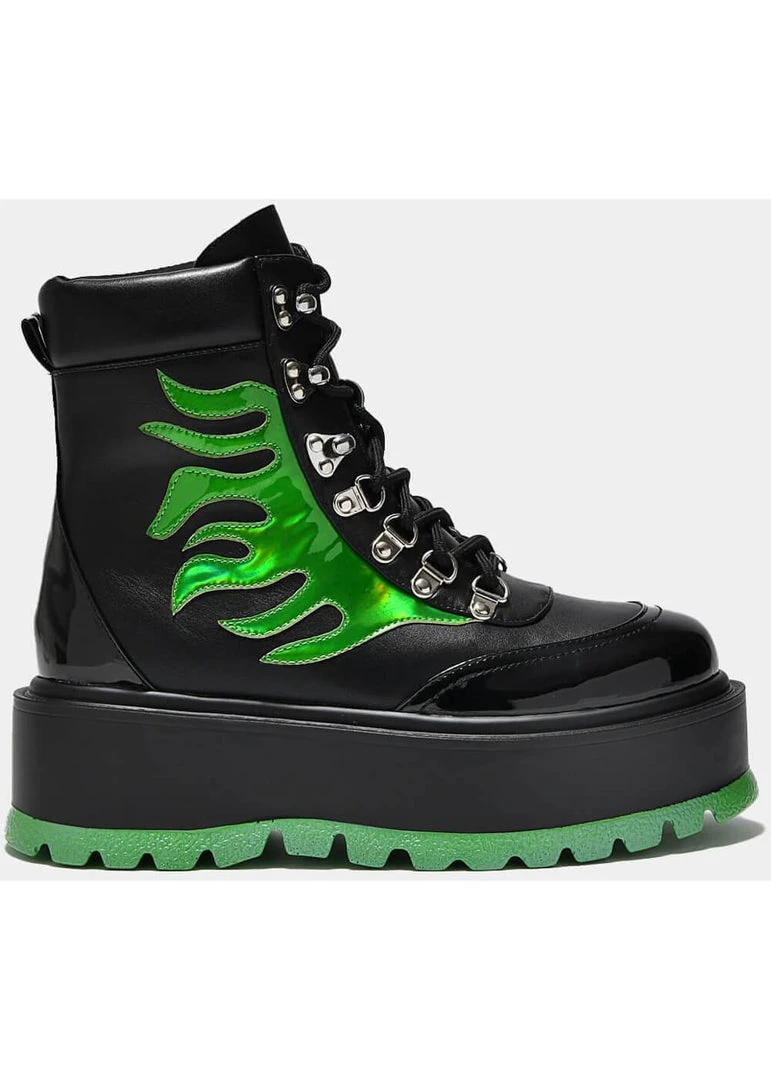 Koi Footwear Helios Hologram Flames Plateau Boots Black Green