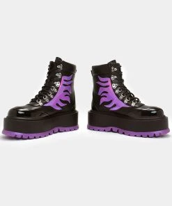 New In Koi Footwear Helios Hologram Flames Platform Boots Black Purple