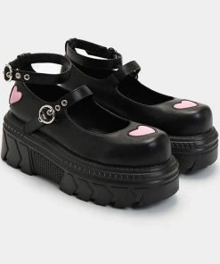 Koi Footwear Warrior Heart Platform Sandals Black Pink New In