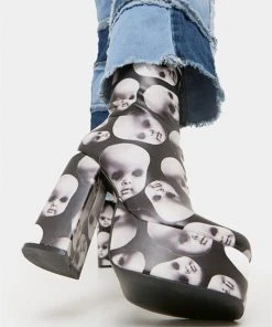 New In Koi Footwear Dead Silence Doll Heads 80's Platform Boots Black