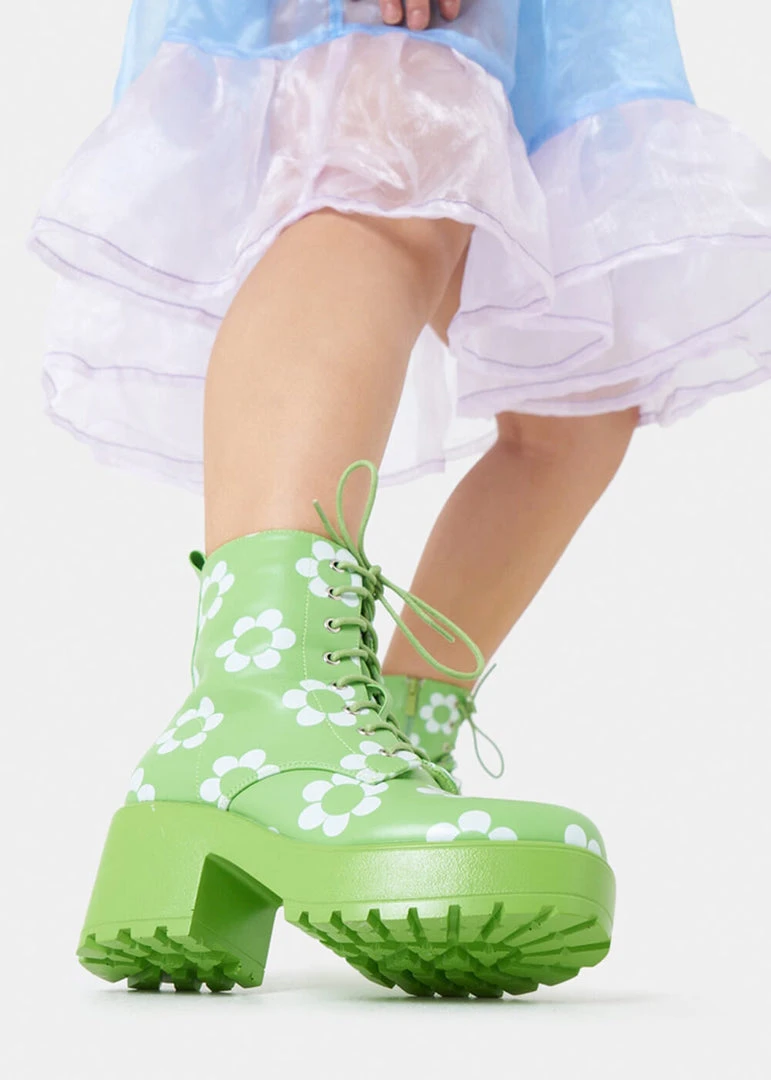 Koi Footwear Orchis Charm 60's Flower Power Boots Green New In