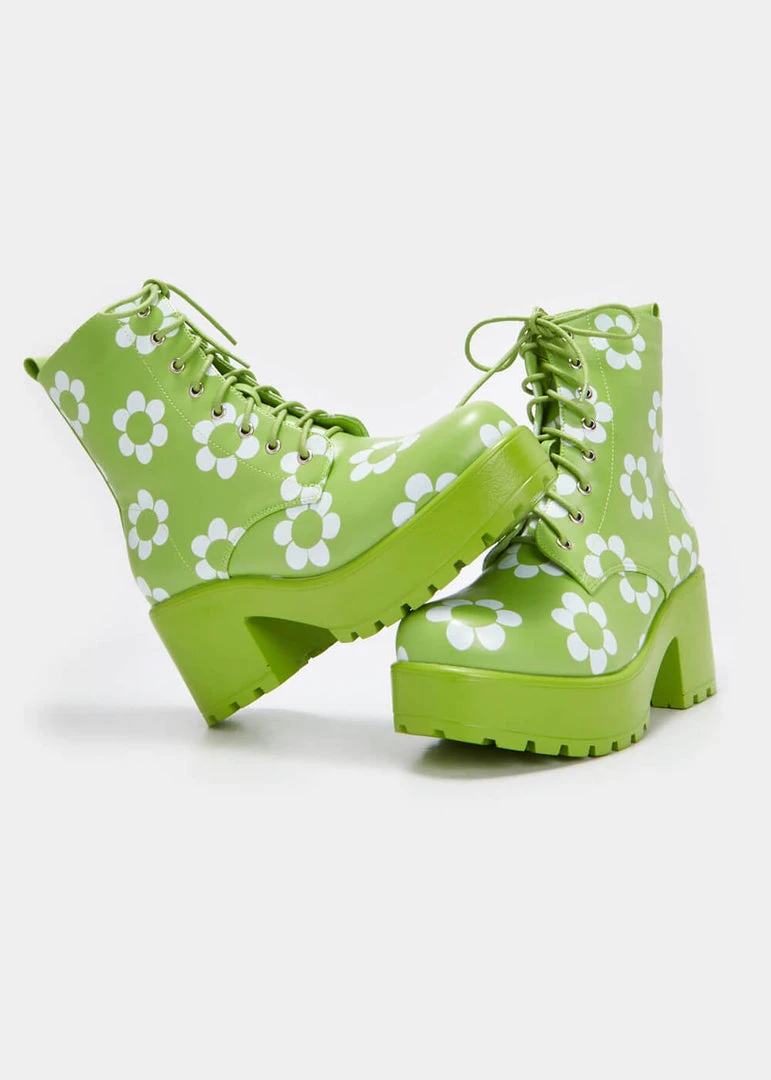Koi Footwear Orchis Charm 60's Flower Power Boots Green New In