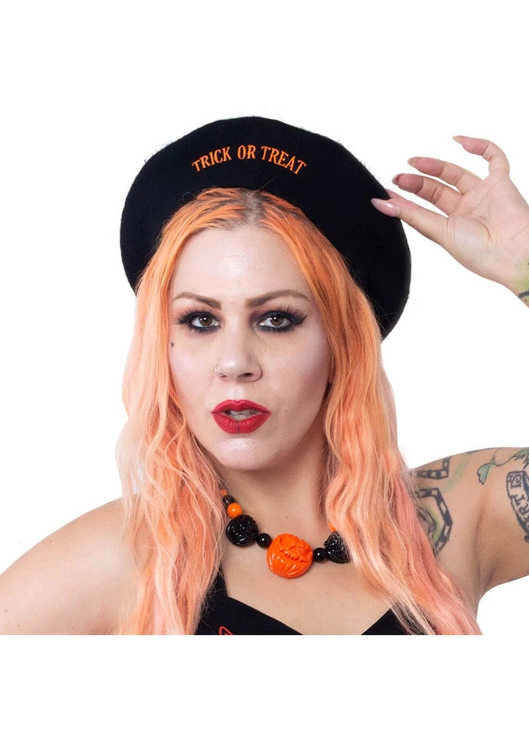 Kreepsville Trick Or Treat Pumpkin Beret Black