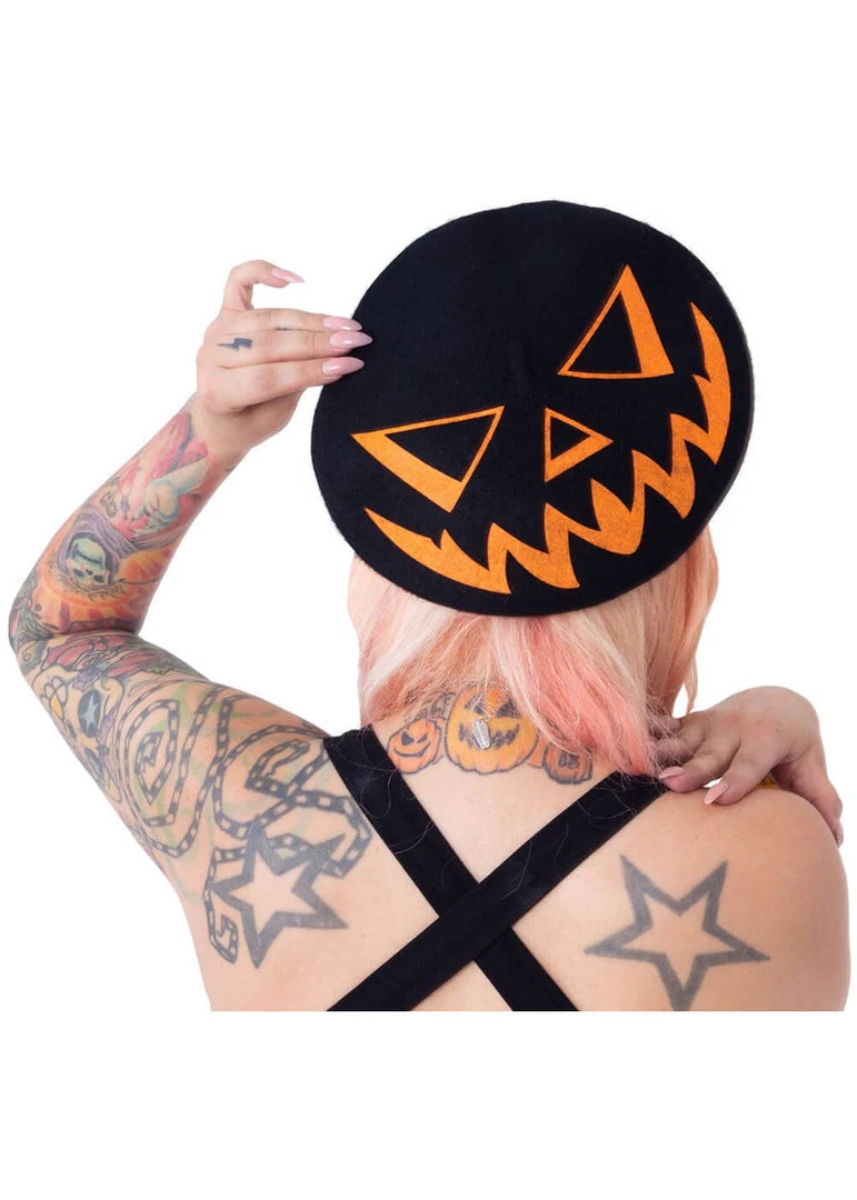 Kreepsville Trick Or Treat Pumpkin Beret Black