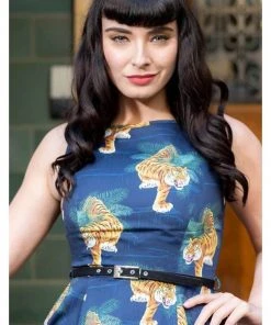 Lady Vintage Lady V Hepburn Tigress Tigers 50's Swing Dress Blue