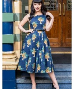 Lady Vintage Lady V Hepburn Tigress Tigers 50's Swing Dress Blue