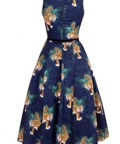 Lady Vintage Lady V Hepburn Tigress Tigers 50's Swing Dress Blue