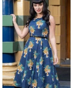 Lady Vintage Lady V Hepburn Tigress Tigers 50's Swing Dress Blue