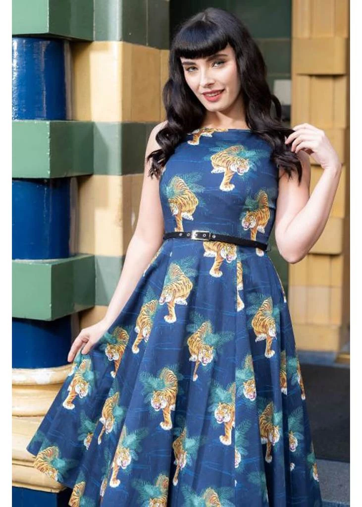 Lady Vintage Lady V Hepburn Tigress Tigers 50's Swing Dress Blue