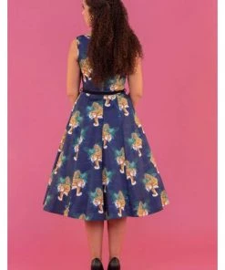 Lady Vintage Lady V Hepburn Tigress Tigers 50's Swing Dress Blue