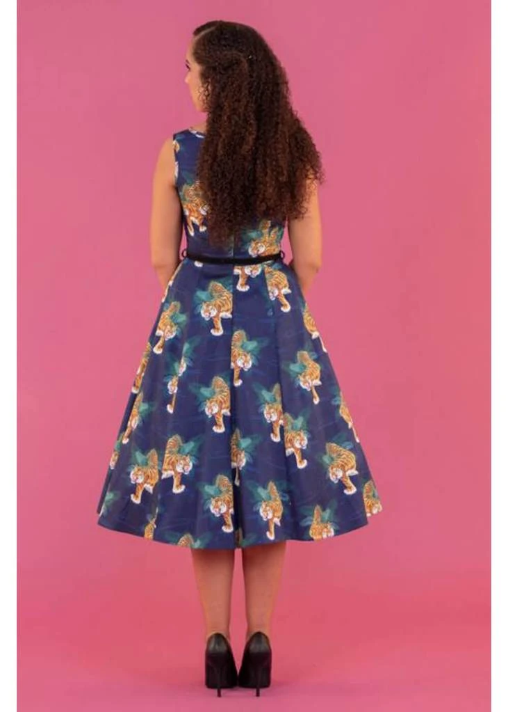 Lady Vintage Lady V Hepburn Tigress Tigers 50's Swing Dress Blue