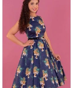 Lady Vintage Lady V Hepburn Tigress Tigers 50's Swing Dress Blue