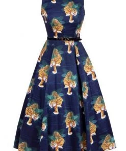 Lady Vintage Lady V Hepburn Tigress Tigers 50's Swing Dress Blue