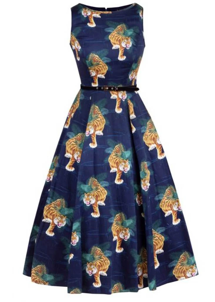 Lady Vintage Lady V Hepburn Tigress Tigers 50's Swing Dress Blue