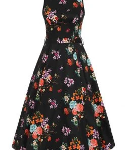 Lady Vintage Hepburn Ditsy Floral 50's Swing Dress Black