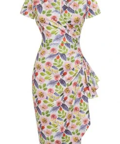 Lady Vintage Elsie Pink Poppy 50's Pencil Dress White