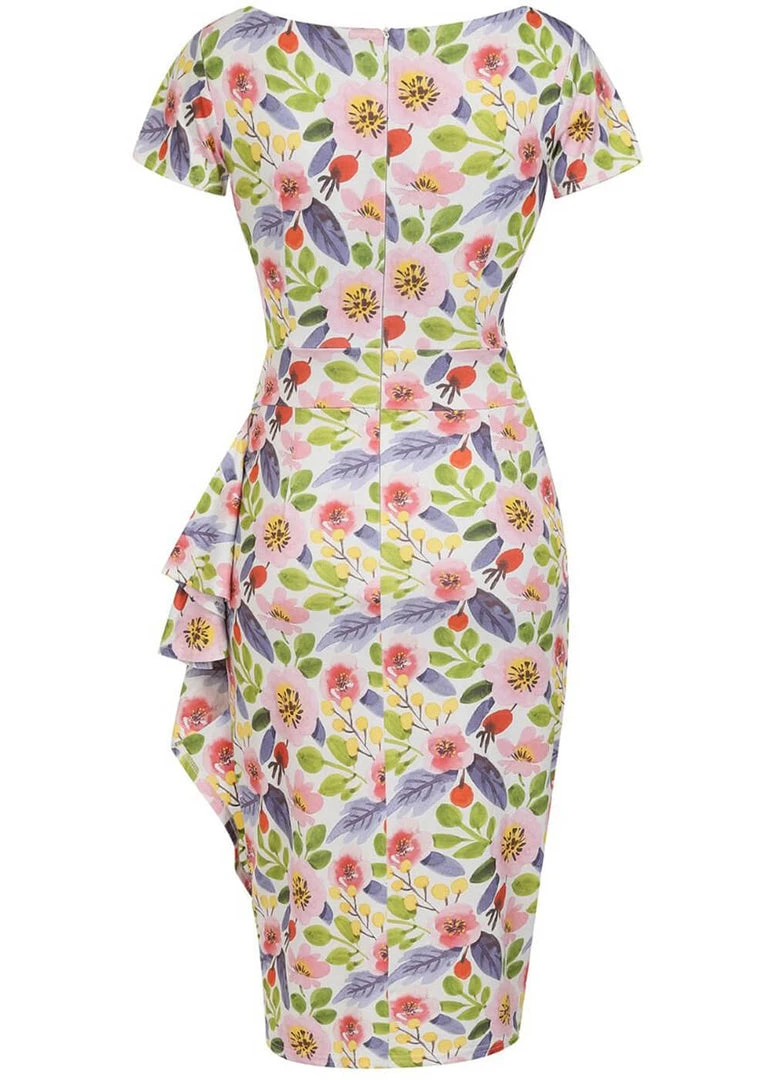 Lady Vintage Elsie Pink Poppy 50's Pencil Dress White