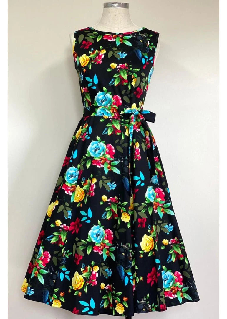 New In Lady Vintage Hepburn Panther's Paradise 50's Swing Dress Black