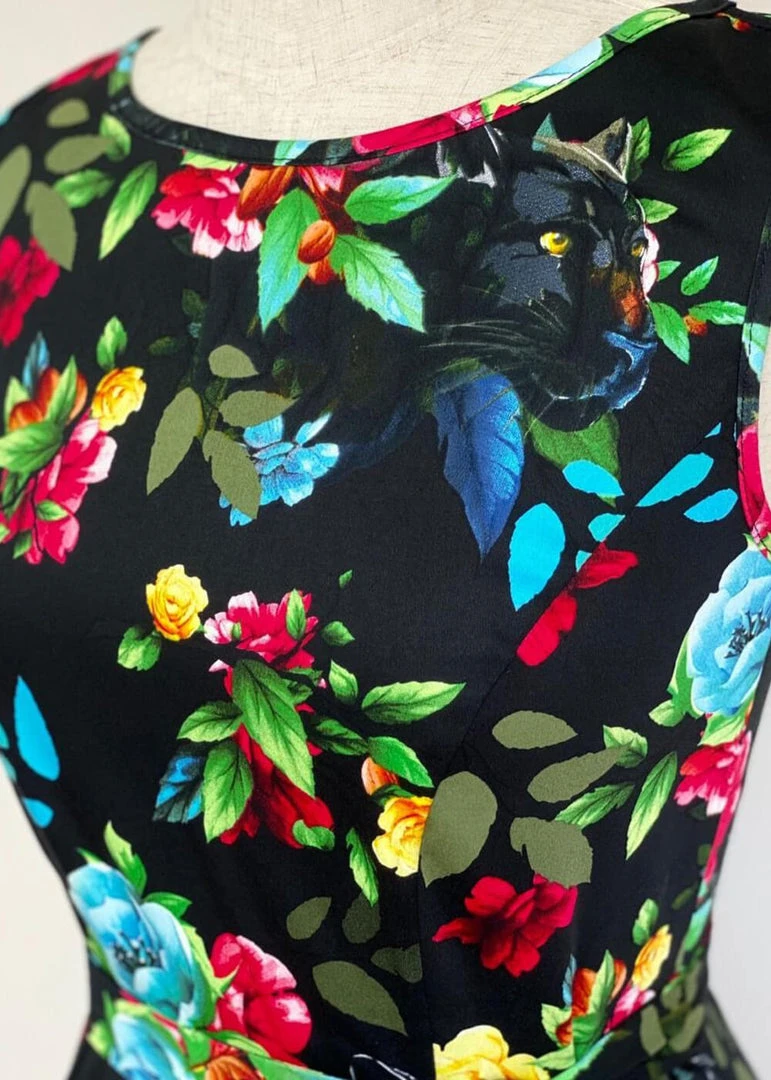 New In Lady Vintage Hepburn Panther's Paradise 50's Swing Dress Black