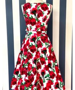Lady Vintage Hepburn Red Flower 50's Swing Dress White
