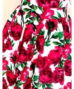 Lady Vintage Hepburn Red Flower 50's Swing Dress White