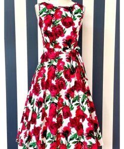 Lady Vintage Hepburn Red Flower 50's Swing Dress White