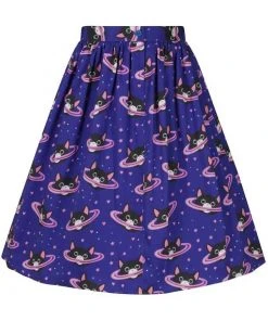 Lady Vintage Space Cats 50's Swing Skirt Blue