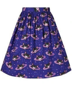 Lady Vintage Space Cats 50's Swing Skirt Blue