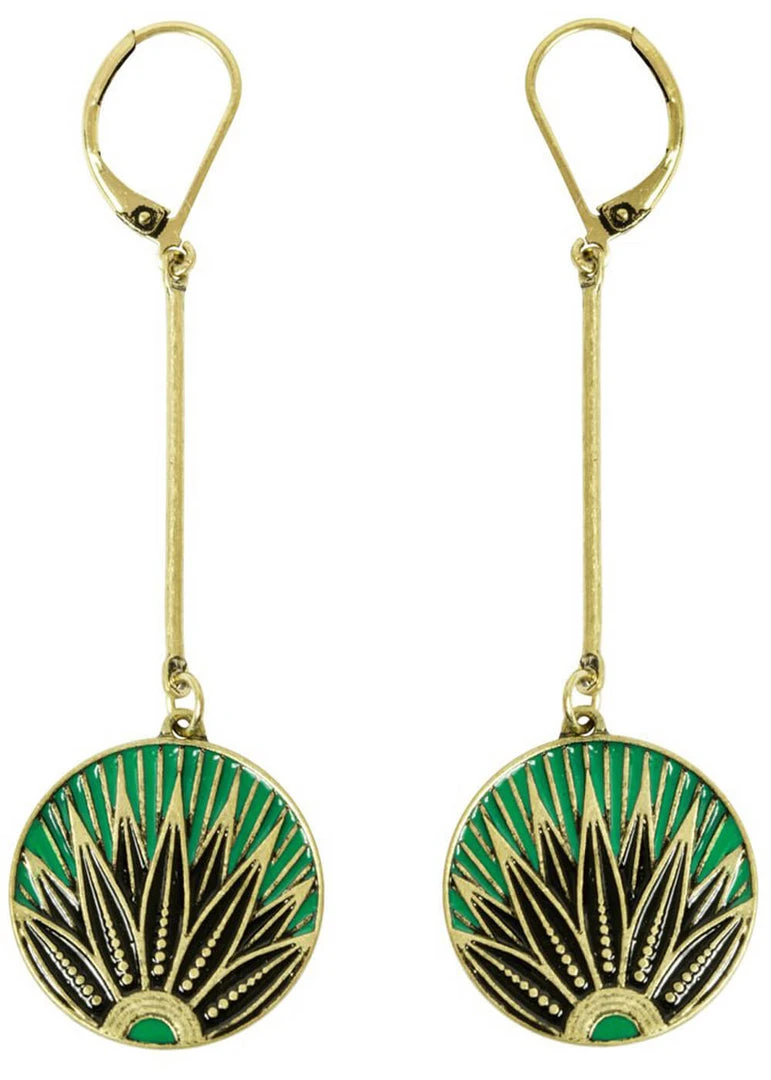 Love Vintage Art Deco Disc Drop Earrings Green New In