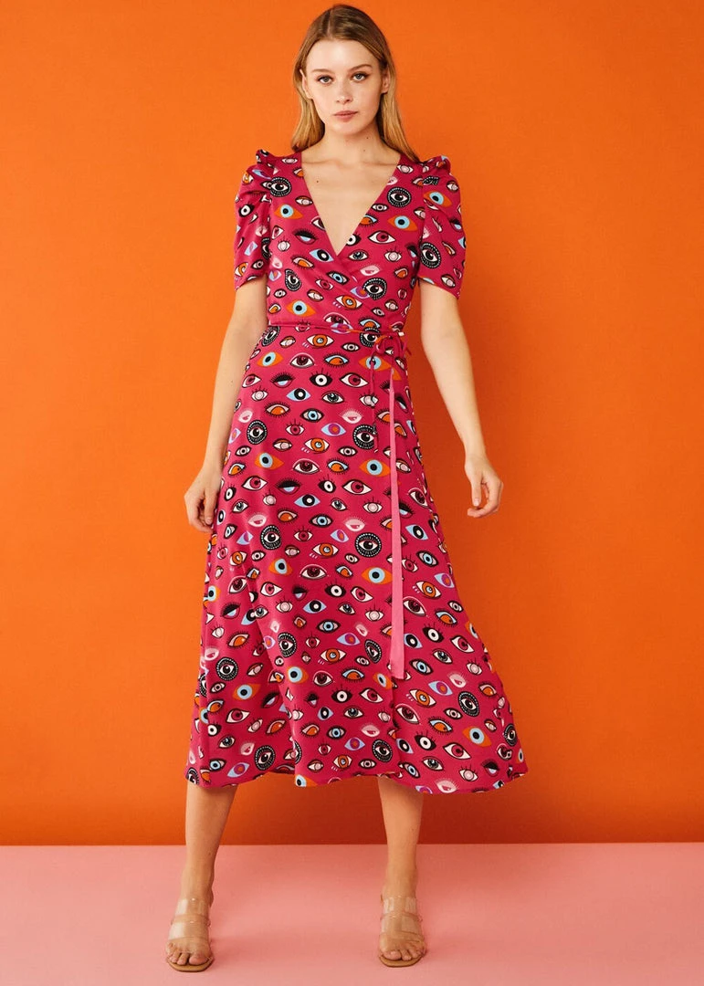 New In Minueto Eyes 70's Midi Dress Pink
