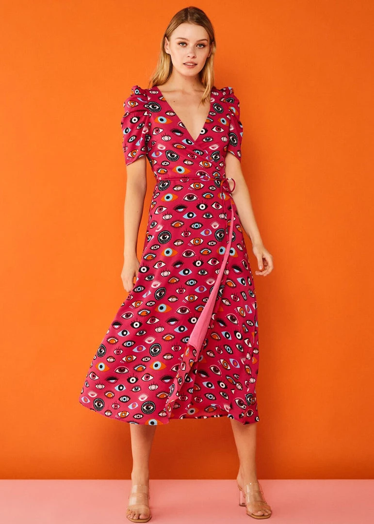 New In Minueto Eyes 70's Midi Dress Pink