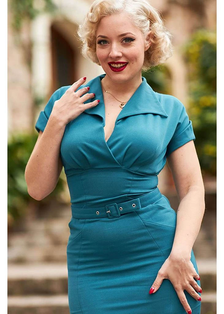 New In Miss Candyfloss Fancy Kat 40's Pencil Dress Teal