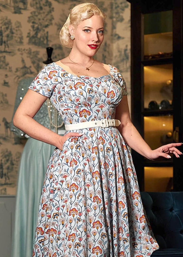 New In Miss Candyfloss Halo Floral 50's Swing Dress Sky Blue