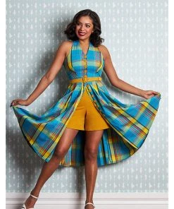 New In Miss Candyfloss Basillia Sun Tartan 50's Swing Dress Yellow