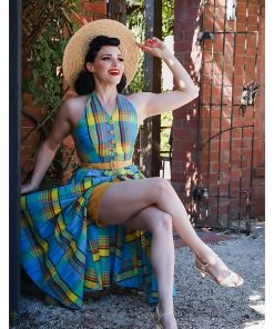 New In Miss Candyfloss Basillia Sun Tartan 50's Swing Dress Yellow