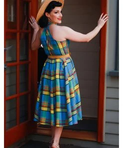New In Miss Candyfloss Basillia Sun Tartan 50's Swing Dress Yellow
