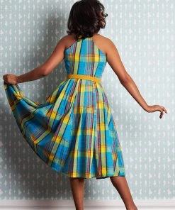 New In Miss Candyfloss Basillia Sun Tartan 50's Swing Dress Yellow