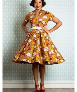 New In Miss Candyfloss Fran Floral 50's Swing Dress Honey