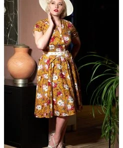 New In Miss Candyfloss Fran Floral 50's Swing Dress Honey