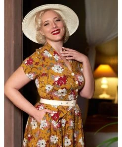 New In Miss Candyfloss Fran Floral 50's Swing Dress Honey