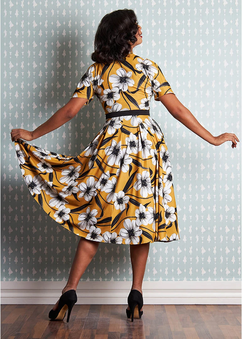 Miss Candyfloss Aslani 50's Floral Swing Dress Yellow New In