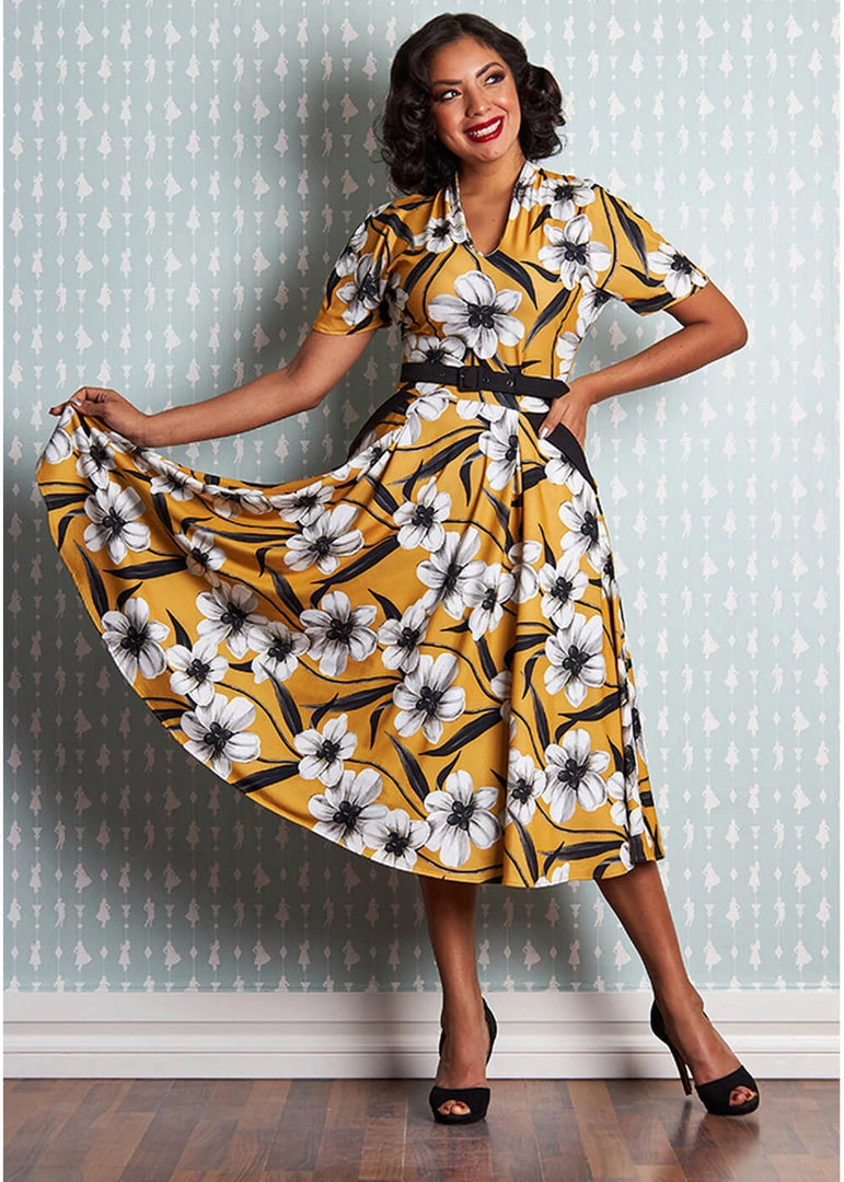 Miss Candyfloss Aslani 50's Floral Swing Dress Yellow New In