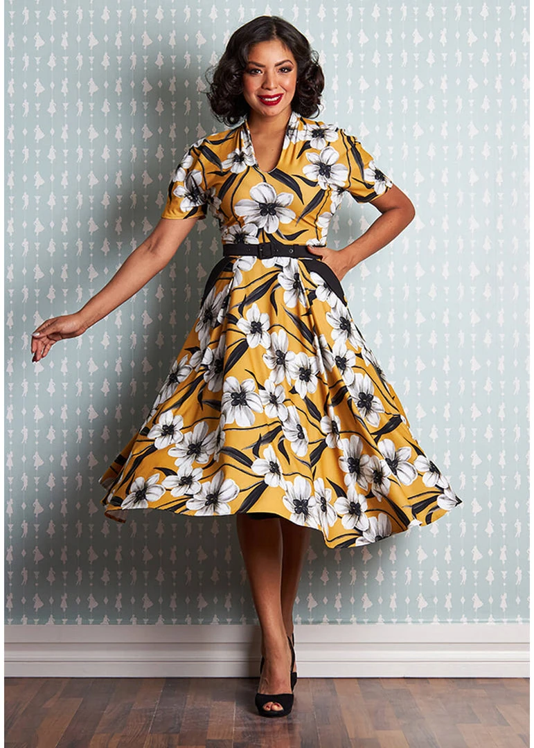Miss Candyfloss Aslani 50's Floral Swing Dress Yellow New In