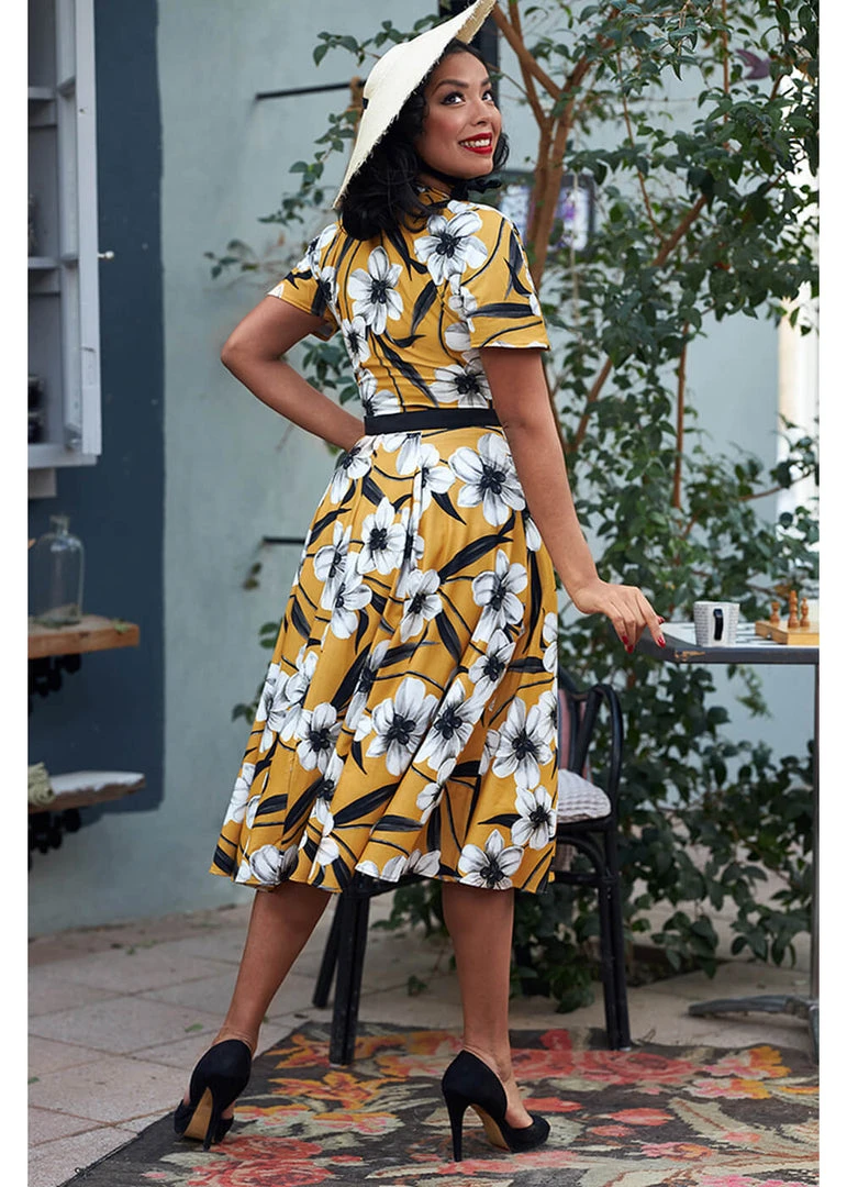 Miss Candyfloss Aslani 50's Floral Swing Dress Yellow New In