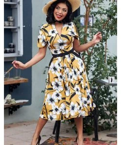 Miss Candyfloss Aslani 50's Floral Swing Dress Yellow New In